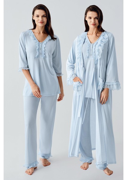 Uzun Kollu Dantelli Düğmeli Esnek Viskoz Sabahlık Pijama Takım 17304