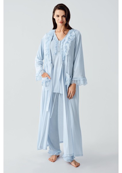Uzun Kollu Dantelli Düğmeli Esnek Viskoz Sabahlık Pijama Takım 17304 fiyatları