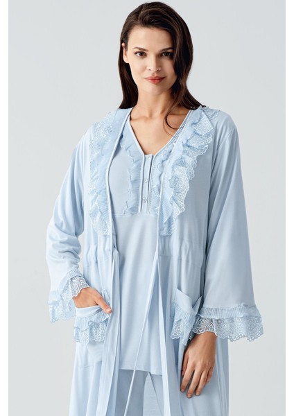 Uzun Kollu Dantelli Düğmeli Esnek Viskoz Sabahlık Pijama Takım 17304 modelleri