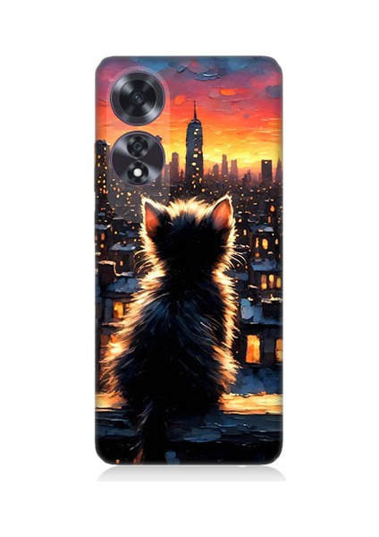 Oppo A60 Uyumlu Kedi ve Şehir Desenli Silikon Kılıf