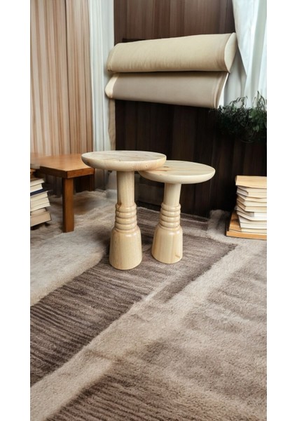Wood Ahşap 2'li Set Boğumlu Mantar Yan Sehpa Modern Fiskos / Naturel Renk / Zigon Sehpa Vernikli