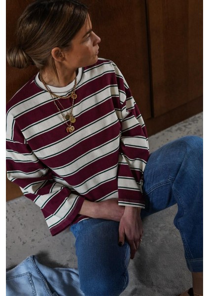 Bordo Bisiklet Yaka %100 Pamuklu Çizgili Uzun Kollu Tişört MG2362