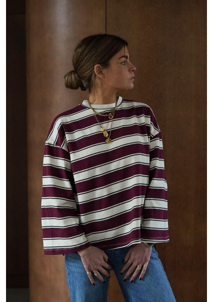 Bordo Bisiklet Yaka %100 Pamuklu Çizgili Uzun Kollu Tişört MG2362 fiyatları