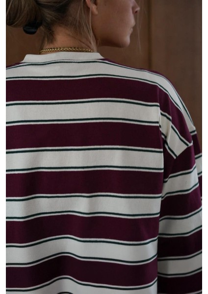 Bordo Bisiklet Yaka %100 Pamuklu Çizgili Uzun Kollu Tişört MG2362 modelleri