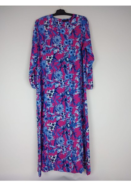 Kadın Mavi Pembe Beşgen Yaka Uzun Kollu Kol Bilek Lastikli Yazlık Viskon Uzun Elbise 2 cm Suya Çeker fırsatları