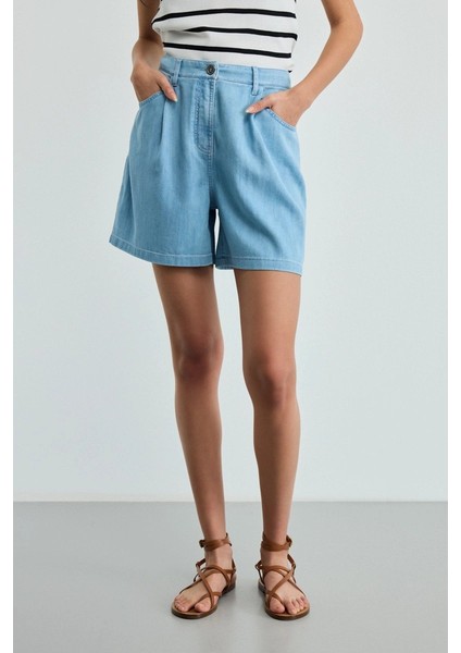 Lyocell Denim Şort - Mavi
