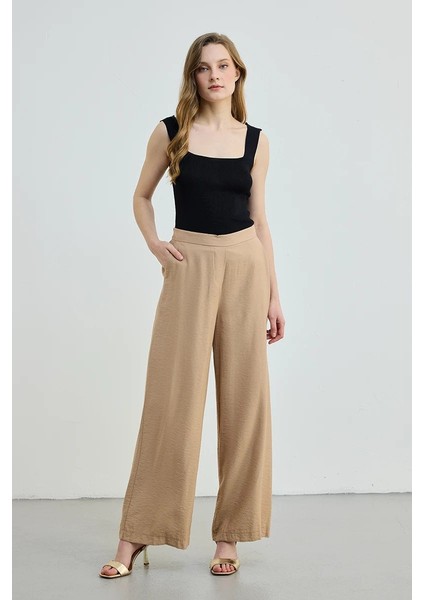 Beli Lastikli Bol Paça Pantolon - Camel