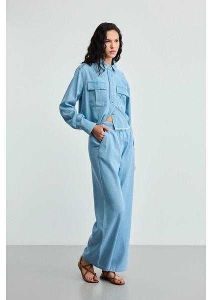 Tencel Denım Bol Paça Pantolon - Mavi