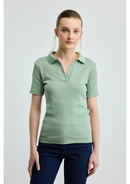 Polo Yaka Pamuk Kaşkorse T-Shirt - Yeşil