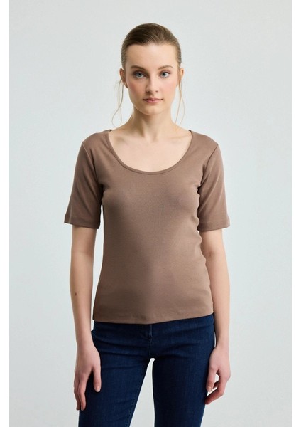 Kısa Kollu Pamuk T-Shirt - Kahve