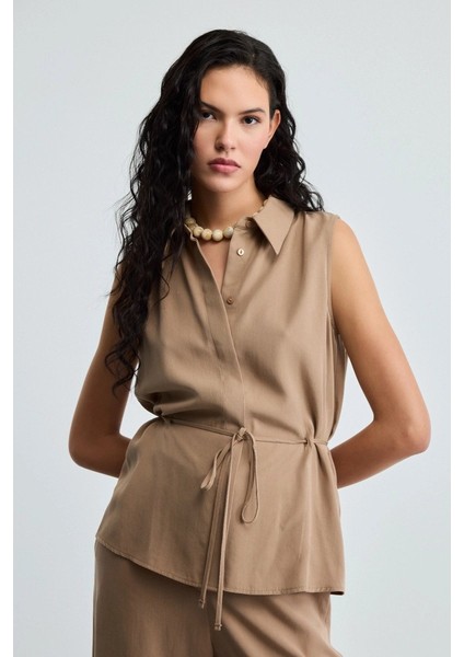 Beli Ip Kemerli Tencel Bluz - Vizon
