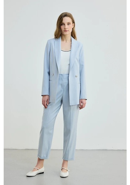 Çizgili Iki Düğmeli Blazer Ceket - Mavi