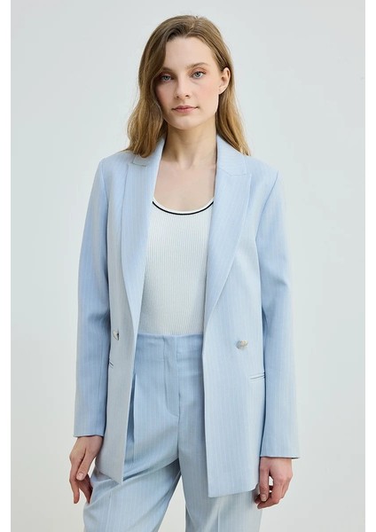 Çizgili Iki Düğmeli Blazer Ceket - Mavi modelleri