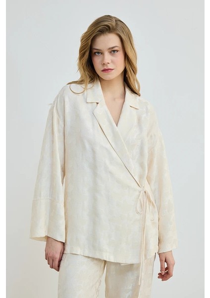 Jakar Desenli Kimono - Ekru
