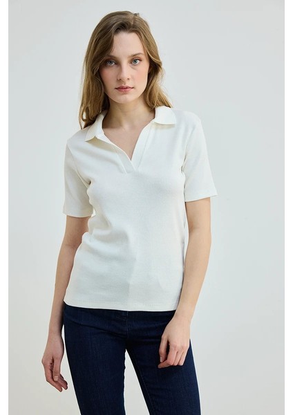 Polo Yaka Pamuk Kaşkorse T-Shirt - Ekru