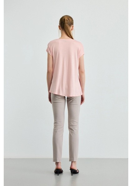 V Yaka Önü Saten Tshirt - Pembe fırsatları