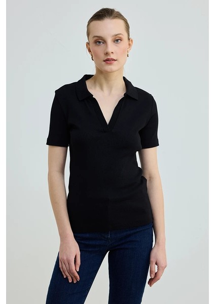 Polo Yaka Pamuk Kaşkorse T-Shirt - Siyah