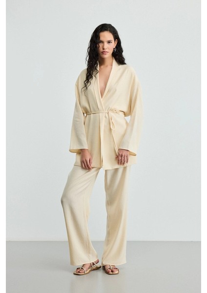 Krinkıl Saten Kimono- Ekru