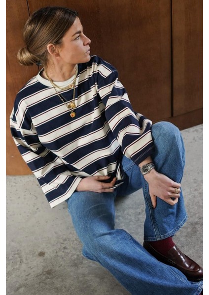 Lacivert Bisiklet Yaka %100 Pamuklu Çizgili Uzun Kollu Tişört MG2362