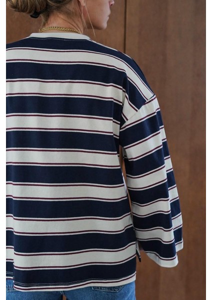 Lacivert Bisiklet Yaka %100 Pamuklu Çizgili Uzun Kollu Tişört MG2362 modelleri