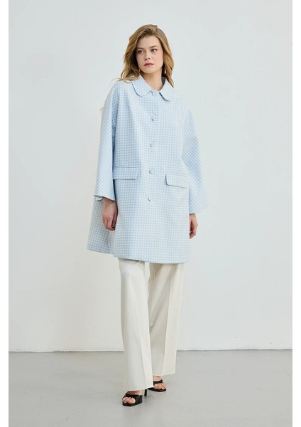 Bebe Yakalı Kazayağı Desenli Kaftan -Mavi