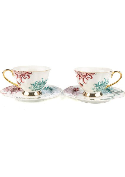 Fleur Beyaz 2'li Çay Fincan Set 200CC Mutfak Dekorasyon 4 Parça Servis Elde Yıkanır Gold Yaldız