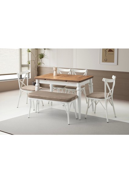 Ahşap Salon Yemek Masa Sandalye Takımı 1 Bench 4 Sandalyeli Yandan Açılır Büyüyen Meşe 70 x 110 cm
