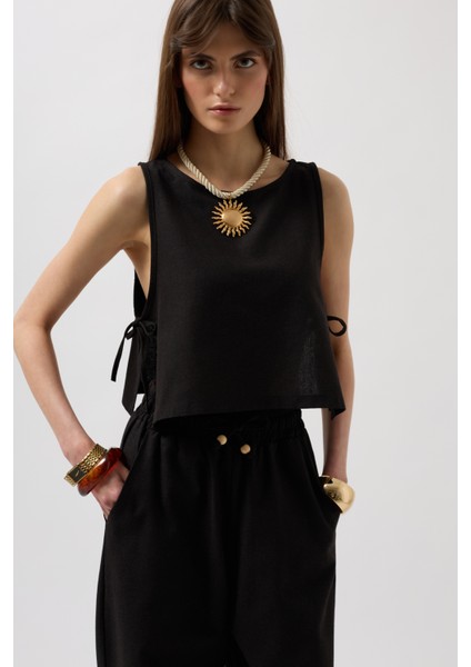 Yandan Bağlamalı Crop Siyah Bluz