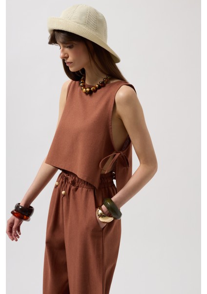 Yandan Bağlamalı Crop Kahverengi Bluz modelleri