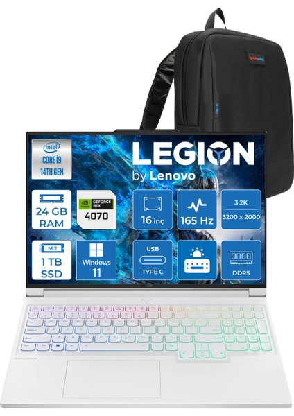 Legion 7 16IRX9 14.nesil Core I9 14900HX 24GB Ddr5 1tb SSD 8GB/RTX4070 130W 16" 3.2k (3200X2000) 430NİTS 165Hz WINDOWS11HOME Taşınabilirbilgisayar 883FD005MTR02+ZETTAÇANTA