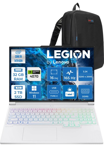 Legion 7 16IRX9 14.nesil Core I9 14900HX 32GB Ddr5 2tb SSD 8GB/RTX4070 130W 16" 3.2k (3200X2000) 430NİTS 165Hz WINDOWS11HOME Taşınabilirbilgisayar 883FD005MTR07+ZETTAÇANTA