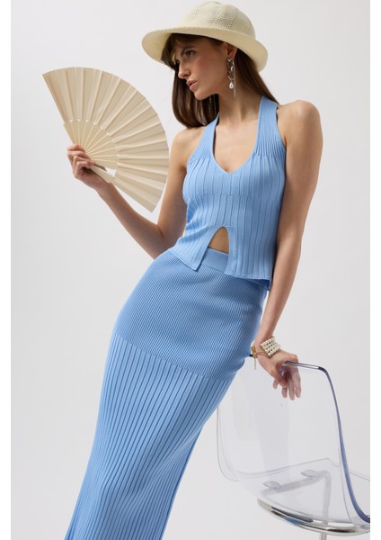 V Detay Dokulu Crop Bebe Mavi Bluz