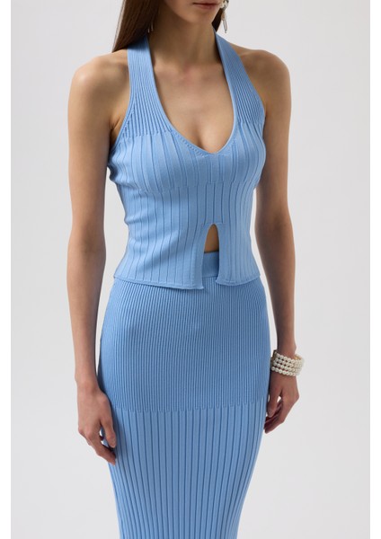 V Detay Dokulu Crop Bebe Mavi Bluz fırsatları