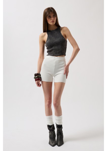 Yıkamalı Halter Yaka Crop Siyah Bluz fiyatları