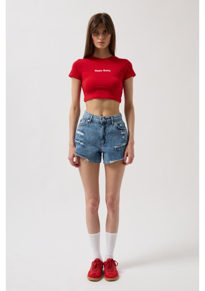 Nepo Baskılı Crop Kırmızı T-Shirt fiyatları