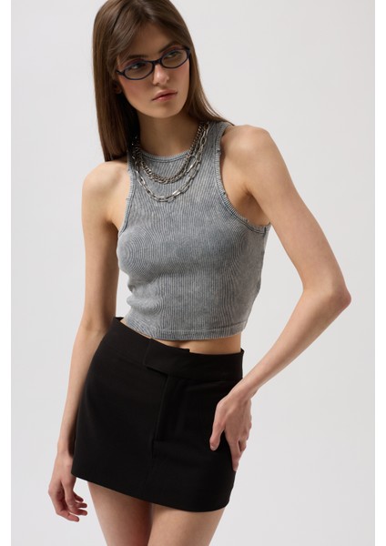 Yıkamalı Halter Yaka Crop Gri Bluz