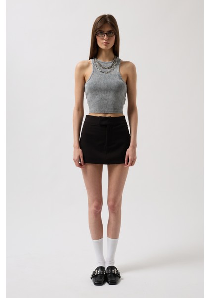 Yıkamalı Halter Yaka Crop Gri Bluz fiyatları