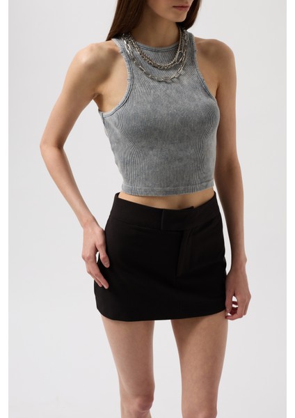 Yıkamalı Halter Yaka Crop Gri Bluz fırsatları