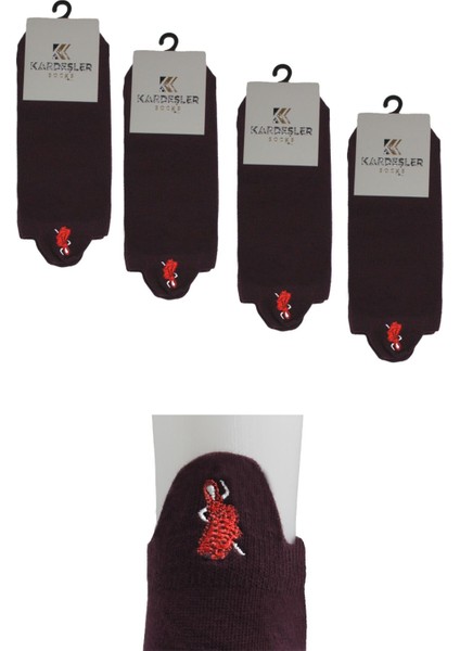 Kadın Bordo Renkli Nakışlı Pamuklu Patik Çorap 4'lü Paket