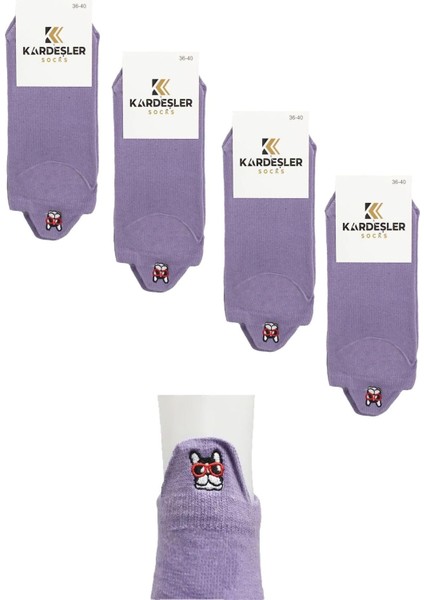 Kadın Lila Renkli Nakışlı Pamuklu Patik Çorap 4'lü Paket