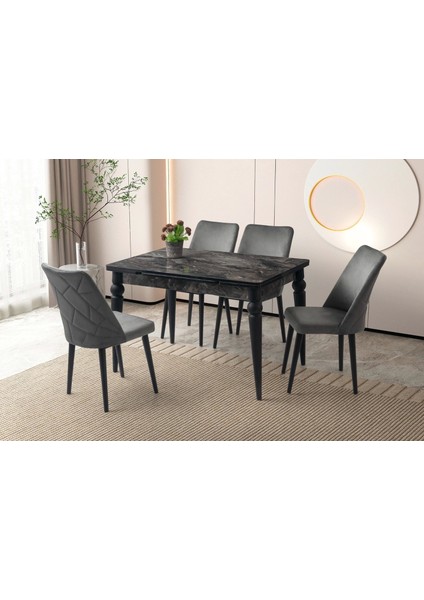 Ahşap Salon Yemek Masa Sandalye Takımı 4 Sandalyeli Yandan Açılır Siyah Mermer Desen 60 x 90 cm