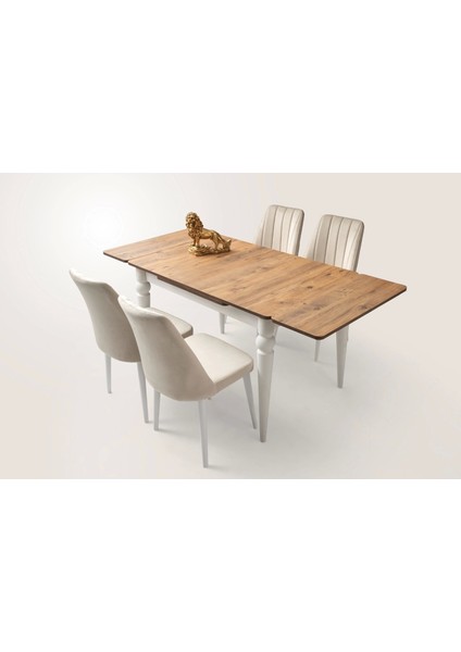 Ahşap Salon Yemek Masa Sandalye Takımı 4 Sandalyeli Yandan Açılır Siyah Mermer Desen 70 x 110 cm