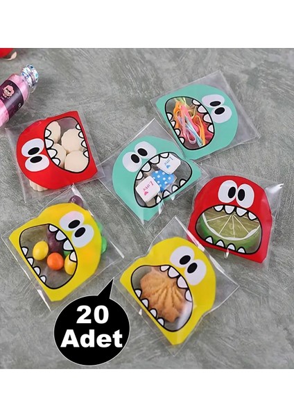 20 Adet Canavar Desenli Bantlı Şeffaf Poşet Hediyelik Kendinden Yapışkanlı Jelatin 10X15CM
