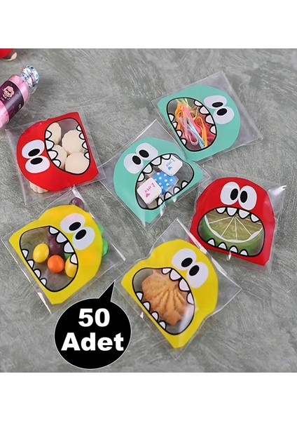 50 Adet Canavar Desenli Bantlı Şeffaf Poşet Hediyelik Kendinden Yapışkanlı Jelatin 10X15CM
