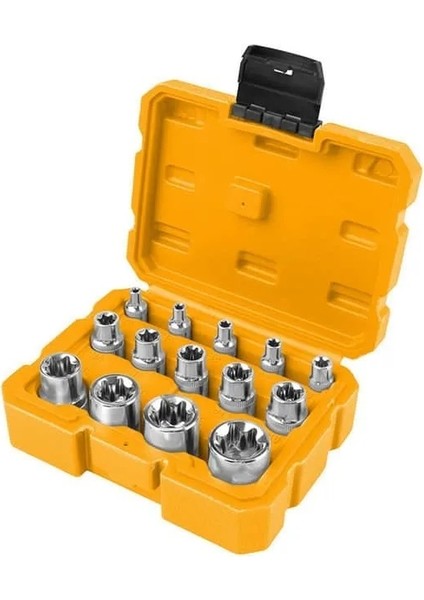 15514 "14 Adet Torx Yıldız Soket Seti • 1/4″: E4,5,6,7,8 • 3/8″: E10,11,12,14,16 • 1/2″: E18,20,22,24"
