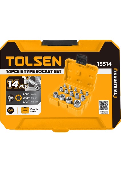 15514 "14 Adet Torx Yıldız Soket Seti • 1/4″: E4,5,6,7,8 • 3/8″: E10,11,12,14,16 • 1/2″: E18,20,22,24"