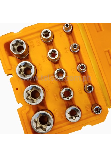15514 "14 Adet Torx Yıldız Soket Seti • 1/4″: E4,5,6,7,8 • 3/8″: E10,11,12,14,16 • 1/2″: E18,20,22,24"