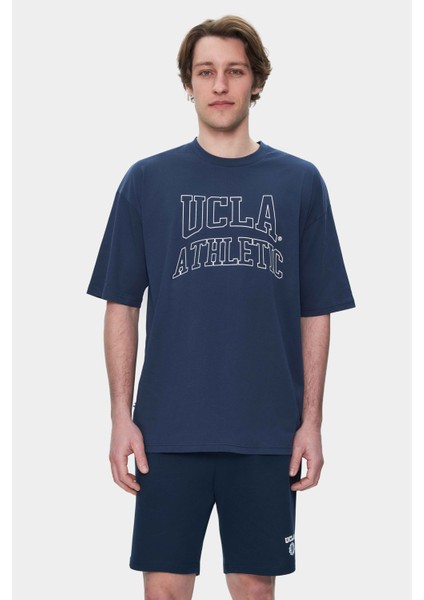 Webster Lacivert Bisiklet Yaka Baskılı Oversize Erkek Tshirt