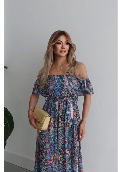Kadın Kısa Kollu Madonna Yaka Fırfırlı Belden Yırtmaçlı Maksi Süprem Elbise modelleri