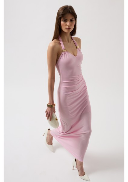 Aksesuar Detay Maxi Pembe Elbise